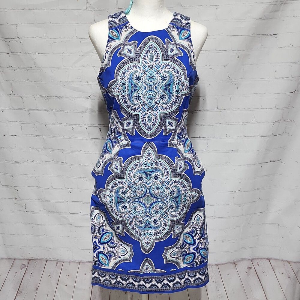 Dress Barn DB Established 1962 Blue Paisley Print Sleeveless Sheath Dress Size 6